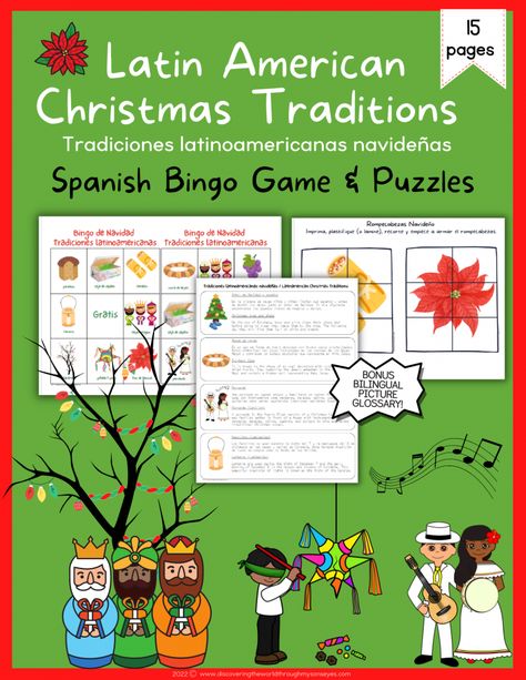 Latin American Christmas Traditions Spanish Bingo Game & Puzzles – Frances Diaz Evans Mexico Christmas Traditions, Latin American History, Christmas Spanish Activities, Latin American Heritage Month, American Christmas Traditions, Latin Mass Traditional, Mexico Christmas, American Christmas, American Holiday