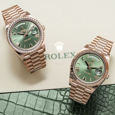 Double Olive on a Monday 🫒 With or Without Diamonds? Comment below!   Rolex Day Date Rose Gold Olive Green Dial Diamond Bezel & Rolex Day Date Rose Gold Olive Green Dial  REF: #228345RBR & #228235 Rolex Sky Dweller Rose Gold, Rolex Day Date Rose Gold, Sky Dweller, Rolex Oyster, Rolex Day Date, Bezel Diamond, Rolex Watches, Rolex, Olive Green