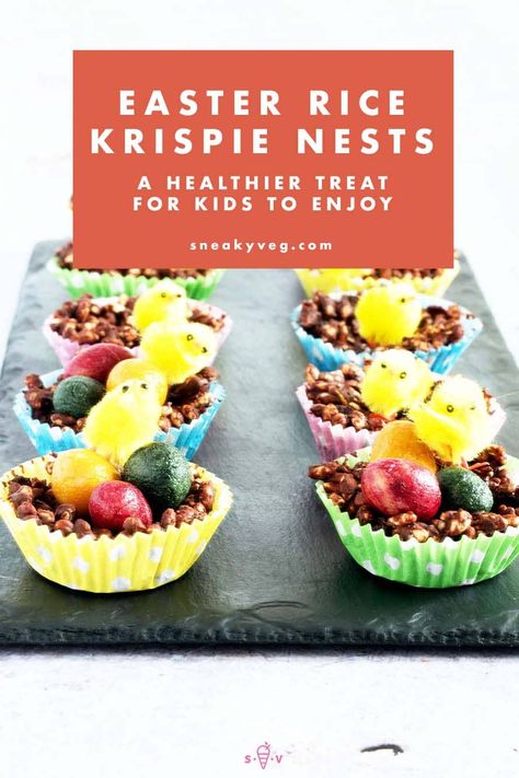 A quick and easy recipe for healthier chocolate rice krispie nests without golden syrup. This is a really fun recipe to make with the kids for Easter or at any time of year. Gluten free and can easily be dairy free and vegan. #easternests #chocolatenests #ricekrispienests #healthiereasternests Rice Krispie Nests, Vegetarian Easter Recipes, Vegetarian Easter, Vegan Bakes, Gluten Free Easter, Spring Lunch, Vegan Easter, Kid Recipes, Vegan Party