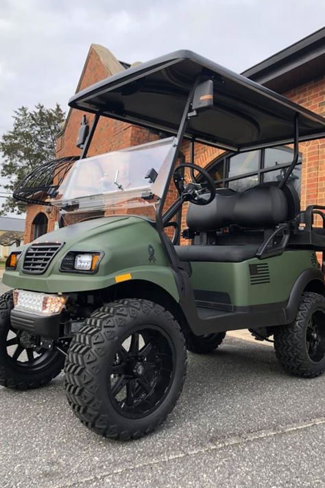 Military Green Golf Cart Farm Golf Cart, Lifted Golf Cart Ideas, Golf Cart Color Schemes, Golf Cart Wraps Ideas, Golf Cart Remodel, Liminal Background, Golf Cart Paint Ideas, Golf Cart Ideas, Club Car Golf Cart Accessories