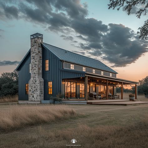 exterior shot of a barndominium that's 2 story and black on the outside Barndominium Ideas Rustic, Barndominium Lots Of Windows, Multi Level Barndominium, Waterfront Barndominium, Outside Of Houses Ideas, Barndominium With Big Windows, Exterior Barndominium Ideas Farmhouse, Barndominium House Exterior, Rustic Barndominium Ideas Exterior