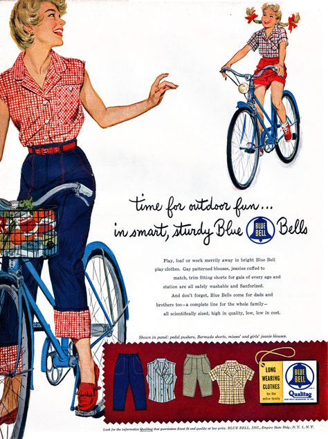 Fred's AdverCity 1950 Women, Pedal Pushers, Illustrator Art, Vintage Bicycle, Fashion 1950s, Blue Bell, 1940s Fashion, 60s Fashion, 50s Fashion