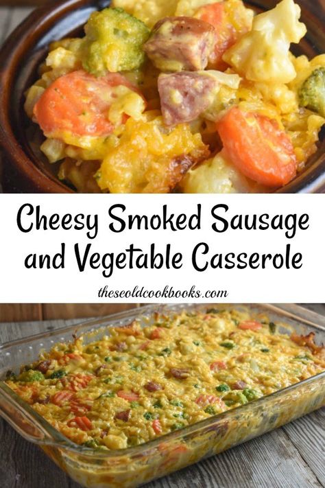 Cheesy Smoked Sausage and Vegetable Casserole Recipe Smoked Sausage Slow Cooker Recipes, Casseroles On The Smoker, Veggie Sausage Casserole, Smoked Sausage Casserole With Potatoes And Cheese, Smoked Sausage And Rice Casserole, Cheese Potatoes And Smoked Sausage Casserole, Smoked Sausage And Cheesy Potato Casserole, Classic Casseroles, Smoked Sausage Casserole