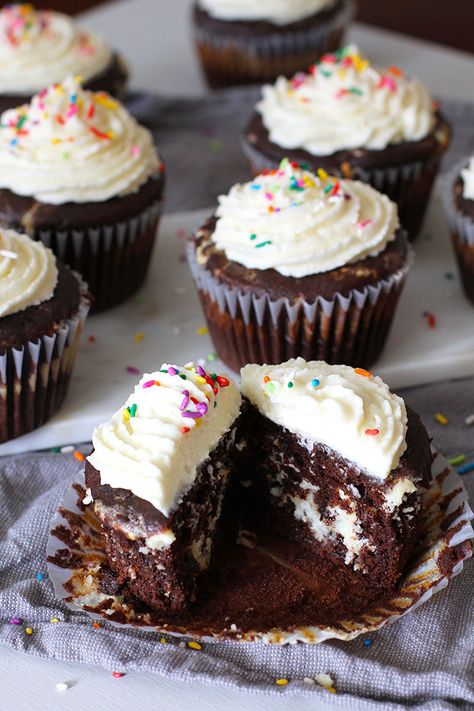 Jumbo Chocolate Birthday Cupcakes -- a decadent chocolate cupcake, with a cream cheese and chocolate chip filling and buttercream frosting! -- suebeehomemaker.com Chocolate Birthday Cupcakes, Cream Cheese Filled Cupcakes, Jumbo Cupcakes, Jumbo Cupcake, Cheese And Chocolate, Foodgawker Recipes, Chocolate Crumbs, Jumbo Muffins, Vanilla Buttercream Frosting