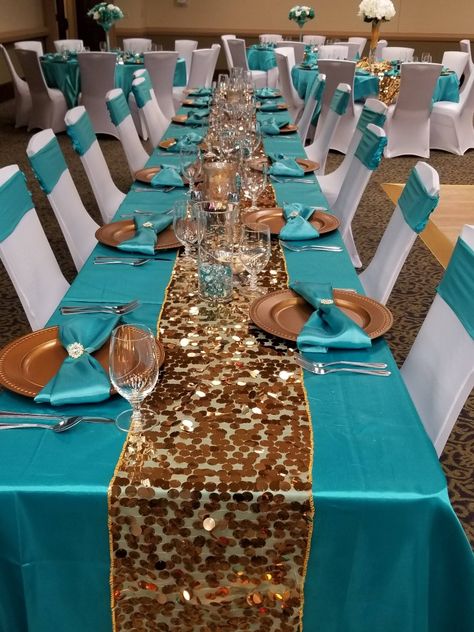 Black Gold And Turquoise Party Decor, Rose Gold And Tiffany Blue Wedding, Aqua And Gold Party Decorations, Turquoise Gold And White Wedding, Aqua Blue And Gold Wedding, Cyan And Gold Wedding Theme, Teal And Gold Decorations Party, Teal Decorating Ideas Birthday Parties, Teal And Gold Wedding Decor