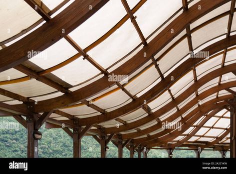 Download this stock image: Wood beams roof structure with S curve shape, covered with polycarbonate sheet - 2A2CYKW from Alamy's library of millions of high resolution stock photos, illustrations and vectors. Polycarbonate Sheet, Roof Structure, Multiple Images, Wood Beams, Us Images, Beams, Google Images, Roof, Photo Image