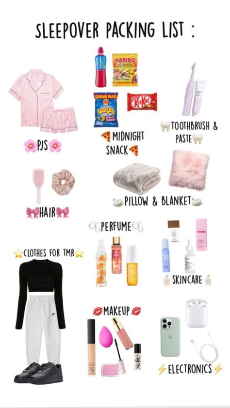 Party Essentials List, Sleepover Checklist, Sleepover Packing, Sleepover Packing List, Aesthetic Packing, Fun Sleepover Activities, Sleepover Essentials, Birthday Sleepover Ideas, Road Trip Kit