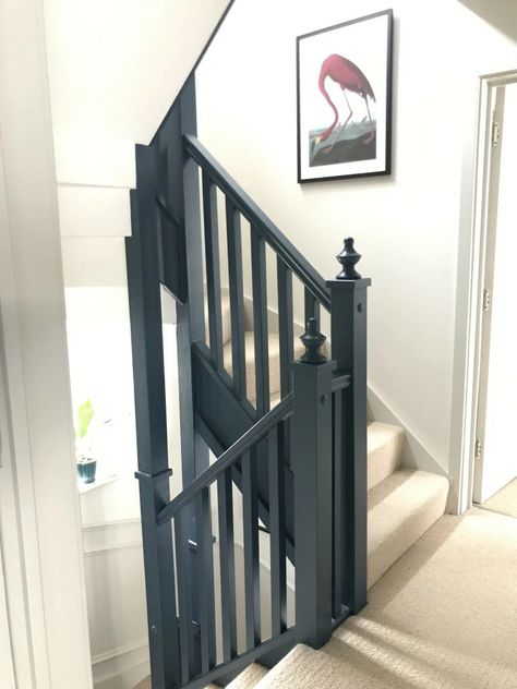 Black Bannister Rail, Railings Farrow And Ball, Black Bannister, Farrow And Ball Railings, Black Staircase, Hallway Makeover, Loft Stairs, Hallway Inspiration, Staircase Railings