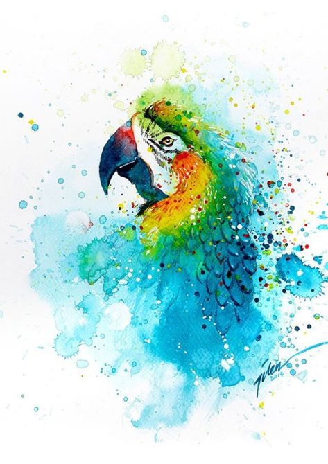 As coloridas aquarelas com pinturas de animais de Tilen Ti Parrot Painting, Cat Air, Urban Sketchers, Arte Inspo, Watercolor Splash, Arte Animal, Watercolor Inspiration, Art And Illustration, Watercolor Bird