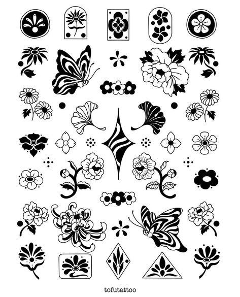 Easy Apprentice Tattoos, Flower Doodles Tattoo, Small Black Flower Tattoo, Tattoo Beginner Ideas, Tattoo Flash Border, Free Tattoo Designs Printables, Simple Filler Tattoos, Tattoo Flash Simple, Flash Tattoo Ideas Simple