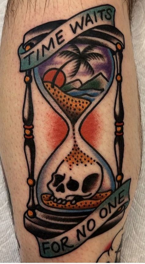 Knee Tattoo Traditional Old School, American Traditional Hour Glass Tattoo, Old School Hourglass Tattoo, American Traditional Clock Tattoo, Hour Glass Tattoo Traditional, American Traditional Hourglass Tattoo, Tradition Tattoo Sleeve, Traditional Hourglass Tattoo, Tattoo Sleeve Traditional