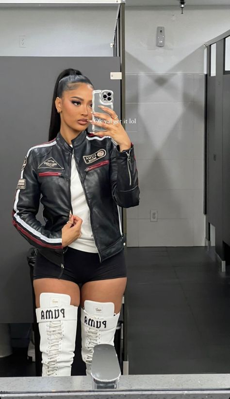 Leatherman Jacket Outfit, Bougie Outfits, Moto Jacket Outfit, Black Ponytail Hairstyles, Gameday Outfit, Cute Swag Outfits, Black Women Fashion, Baddie Outfits Casual, Dressy Outfits