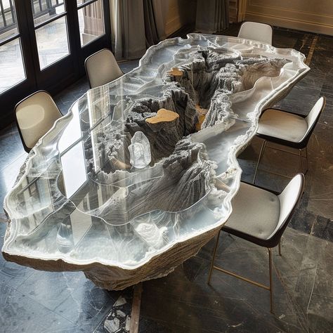 Experience the rugged elegance of nature with our geode-inspired dining table. Crafted with precision and artistry, its polished surface mirrors the intricate patterns and vibrant hues found within a geode. Elevate your dining experience with this unique masterpiece that brings the wonder of the natural world into your home. Conceptual AI Art Follow @ecosapiens for more! Geode Interior Design, Cool Dining Tables, Luxury Table Design, Dinning Table And Chairs, Furniture Inspired By Nature, Dining Tables Ideas, Interior Design Unique, Unique Table Design, Crystal Furniture