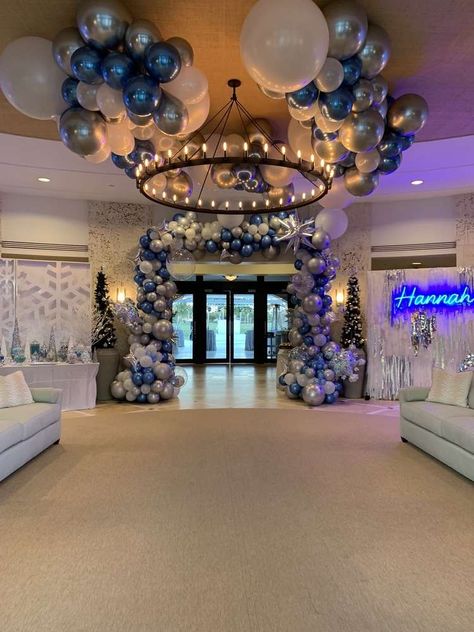 Hall Party Ideas, Party Hall Decor Ideas, Bar Mitzvah Ideas, Bat Mitzvah Ideas, Sweet 16 Blue Theme Winter Wonderland, Winter Wonderland Bat Mitzvah, Sweet 16 Ice Sculpture, Winter Wonderland Quince, Teen Party Themes