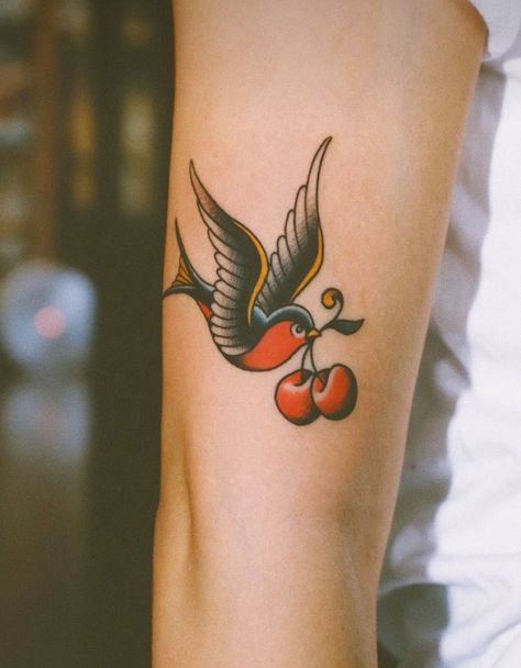 American Traditional Cherry Tattoo, Old School Small Tattoo, Cherry Tattoo Traditional, Traditional Collar Bone Tattoo, Traditional Cherry Tattoo, Papa Tattoo Design, Wired Tattoo, Mushroom Tattoo Design, Tattoo In Color