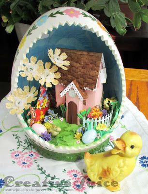 Lisa Hoel - Easter diorama egg filled with flowers and a Tim Holtz Village house #mymakingmemory Spring Easter Eggs, Easter Items, Easter Tree, Vintage Spring, Easter Projects, Egg Crafts, Easter Art, Egg Designs, Spring Holidays