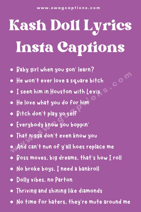 Bless your Instagram feed with edgy Kash Doll lyrics! This article has the hottest Kash Doll quotes from songs like "Ice Me Out" for caption inspo. #kashdoll #raplyrics #instagramcaptions #songlyrics #musicquotes #captionideas #igcaptions #quarantinecaptions #captioninspo #instacaptions #socialmediatips #pinstripes #womeninrap Quotes From Songs, Doll Quotes, Kash Doll, Ig Captions, Rap Lyrics, Perfect Word, Song Quotes, Instagram Captions, Music Quotes