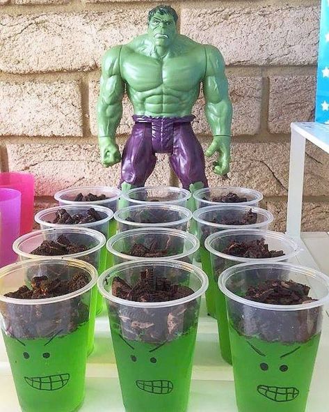 Superhero Birthday Party Food, Avenger Party, Avengers Birthday Party Decorations, Hulk Birthday Parties, Hulk Party, Jello Cups, Marvel Birthday Party, Marvel Party, Hulk Birthday