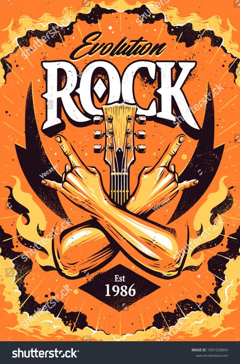 Rock Concert Poster Design, Rock Poster Design, Hands Crossed, Rock Illustration, Rock Logo, Image Rock, Rock Sign, Guitar Illustration, Rock Poster Art