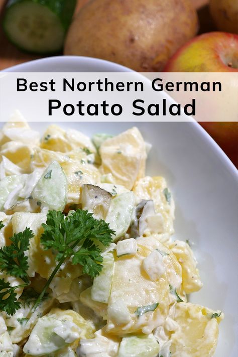 Best Northern German Potato Salad recipe with apple and cucumber - #HappierPlace via @HappierPlace NEW url: https://happier.place/northern-german-potato-salad/ German Salads, Recipe With Apple, Potato Salad With Apples, German Cucumber Salad, German Potato Salad Recipe, Potato Salad Dressing, Potato Salad With Egg, German Potato, Bacon Potato Salad