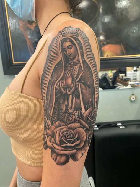 Virgin Mary Arm Sleeve, Virgin Mary Tattoo For Women Sleeve, Virgin Mary Shoulder Tattoo, Tattoo Ideas Female Mexican, Virgin Mary Arm Tattoo, Virgencita Tattoo Women, Best Neck Tattoos For Women, Virgin Mary Tattoo For Women Arm, Virgen De Guadalupe Tattoo Ideas Women