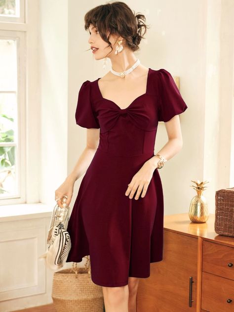 Bow Front Puff Sleeve Dress | SHEIN USA Shein Dress Formal Short, Shein Dress Formal, Dress Formal Short, Boho Wedding Summer, Marled Dress, Wedding Dresses Boho, Wedding Bridesmaid Dress, Elegant White Dress, Dark Red Dresses