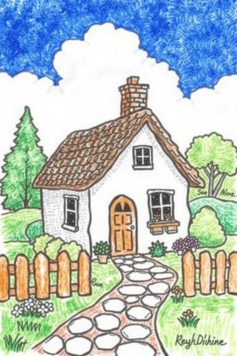 Check Out This Cute Cottage Drawing & 12+ Other House Drawing Ideas! #drawinginspiration #drawing Cottage Homes Drawing, Cottage Drawing Easy, How To Draw A Simple House, Cute Home Drawing, Cottage Drawing Simple, Cute Cottage Drawing, How To Draw A House, Cute House Drawing, House Drawing Sketches