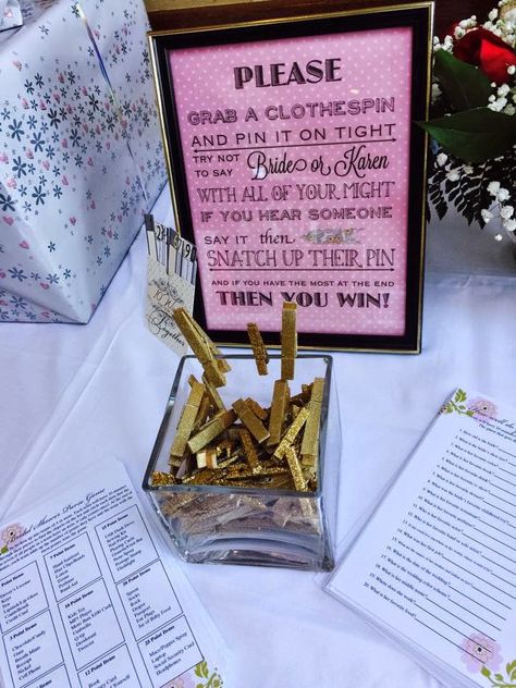 Blissfully Ever Crafter - Bridal Shower Clothespin game Clothespin Bridal Shower Game, Clothes Pin Games, Shower Black, Country Bridal Shower, Mary's Bridal, Bridal Games, Bridal Bachelorette Party, Matron Of Honor, Pin Game