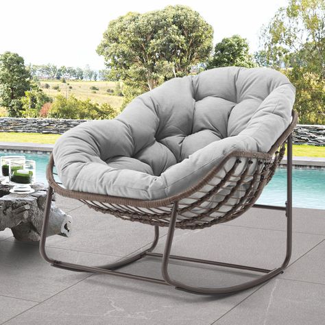 PRICES MAY VARY. 【EGG SHAPED ROCKER】This large egg rocking chair measures 43.7" D x 37.2" W x 31.5" H, it has an elegant egg shape that wraps you in its comfortable structure and swings 30° back and forth, rocking gently and smoothly to give you maximum comfort to rest. 【SPECIAL FRAME MATERIALS】The frame of this adults lounge chair is made of coated steel and hand-woven rattan, with a strong structure that can support 330 lbs, while the rattan material is UV resistant and durable, making it more Reclining Rocking Chair, Comfy Rocking Chair, Egg Shaped Chair, Rocking Chair Pads, Metal Rocking Chair, Rocker Recliner Chair, Rattan Rocking Chair, Patio Rocking Chairs, Rocker Chairs