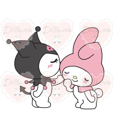 Hello Kitty With Kuromi, My Melody Y Kuromi Icons, Kuromi And My Melody Painting, Kurumi And My Melody, Kurumi Y Melody, Hello Kitty Kuromi And Melody, Hello Kitty Y Melody, My Melo And Kuromi, Hello Kitty X Kuromi