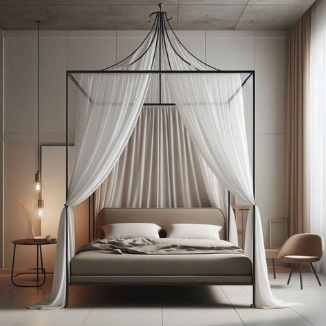 Canopy Bed Ideas Iron Canopy Bed With Curtains, Four Poster Bed With Curtains Aesthetic, Canopy Curtain Ideas, Ceiling Canopy Bedroom, Faux Canopy Bed, King Size Canopy Bed, Four Poster Bed Frame, Canopy Bed Ideas, Wooden Canopy Bed