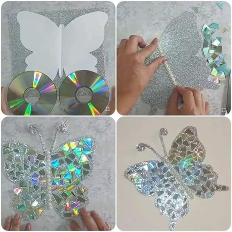 Butterfly Wall Art Diy, Cd Crafts Diy, Art Cd, Old Cd Crafts, Recycled Cds, Decorative Butterfly, Cd Diy, Diy Wings, Mosaic Flower Pots