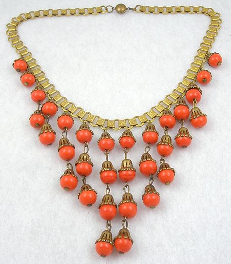 Miriam Haskell Orange Glass Bead Bib Necklace - Garden Party Collection Vintage Jewelry Miriam Haskell Earrings, 1940s Jewelry, Czech Jewelry, Miriam Haskell Jewelry, Orange Jewelry, Beaded Bib Necklace, Vintage Jewelry Art, Mid Century Jewelry, Miriam Haskell