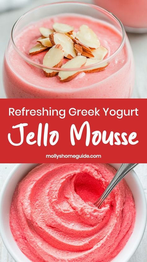 Indulge in a creamy and delicious dessert with this easy-to-make Greek yogurt jello mousse recipe. The tangy flavor of Greek yogurt perfectly complements the sweetness of the jello, creating a light and refreshing treat. Whether you're looking for a guilt-free snack or a simple dessert to impress guests, this mousse is sure to become a favorite. With just a few ingredients and minimal prep time, you can whip up this delightful treat in no time. Jello Greek Yogurt Recipes, High Protein Jello Mousse, Jello Yogurt Recipes, Greek Yogurt Pudding Recipes, Jello With Yogurt, Healthy Jello Recipes, Greek Yogurt Snack Ideas, High Protein Greek Yogurt Recipes, Greek Yogurt Jello