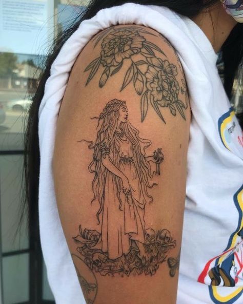 Greek Lady Tattoo, Greek Goddess Sleeve Tattoo, Persephone Hades Tattoo, Circe Tattoo Design, Circe Goddess Tattoo, Greek Goddess Tattoo Artemis, Grecian Tattoo, Greek Goddess Tattoo Persephone, Greek Goddess Tattoo Aphrodite