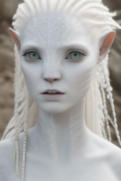 Albino Woman Character Art, Dnd Albino Character, Alien Female Art, Albino Oc Art, Alien Character Art, Realistic Alien, Brunette Curly Hair, White Alien, Female Alien