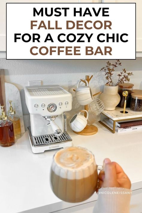 coffee bar fall decor ideas kitchen counter Coffee Bar Fall Decor, Bar Fall Decor, Fall Kitchen Countertop Decor, Fall Coffee Bar Ideas, Fall Coffee Bar Decor, Coffee Bar Fall, Coffee Bar Essentials, Coffee Bar Styling, Shop Coffee Bar