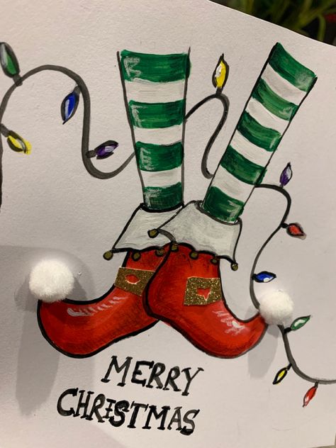 Elf Christmas Cards Handmade, Watercolor Stocking, Christmas Tangles, Watercolor Christmas Art, Christmas Watercolors, Xmas Cards Design, Elf Christmas Card, Watercolor Christmas Cards Diy, Christmas Borders