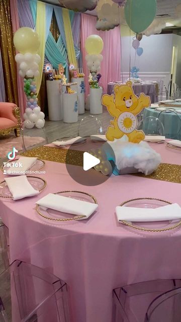 Care Bear Gender Reveal Ideas, Care Bear Theme Baby Shower Ideas, Care Bear Party Decorations, Carebear Baby Shower Theme Decoration, Care Bears Centerpieces, Work Baby Shower Ideas, Care Bear Baby Shower Theme, Baby Shower Ideas For A Girl, Care Bear Centerpieces