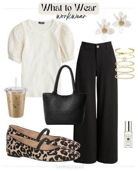 Classic Summer Work Outfits, Black And White Spring Outfits, Summer Outfits Office Casual, Animal Print Flats Outfit, Casual Work Outfits Summer Office Wear, Mary Jane Shoes Outfit Jeans, Leopard Shoes Outfit, Alys Fowler, Look Office