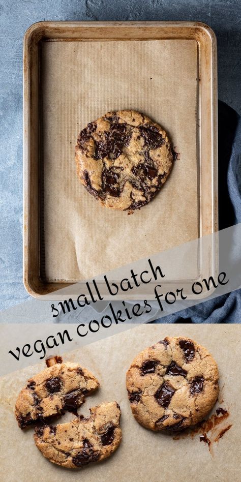 Chocolate chip cookies for one - this small batch, quick and easy vegan cookie recipe makes just two delicious chocolate chip cookies, or one giant one. Perfect for when a cookie craving strikes! Eggless and Dairy-free and just uses storecupboard ingredients. #vegancookies #smallbatch #veganbaking #chocolatechip Vegan Small Batch Cookies, Small Batch Vegan Desserts, Chocolate Chip Cookies For One, Single Cookie Recipe, Single Desserts, Chocolate Chip Deserts, Cookies For One, Egg Free Chocolate Chip Cookies, Orthodox Fasting