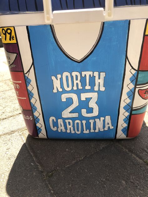 UNC fraternity cooler Charleston Frat Cooler, Unc Frat Cooler, Sorority Cooler Ideas, Painted Fraternity Coolers, Unc College, Sorority Coolers, Formal Coolers, Frat Formal, Fraternity Cooler