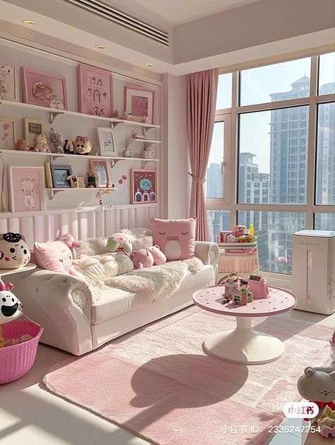 Pink Interior Design Living Room, Pink Appartement Aesthetic, Kawaii Living Room Ideas, Pastel Danish Living Room, Living Room Ideas Pink, Living Room Kawaii, Apartment Inspiration Living Room, Kawaii Living Room, Kawaii Apartment