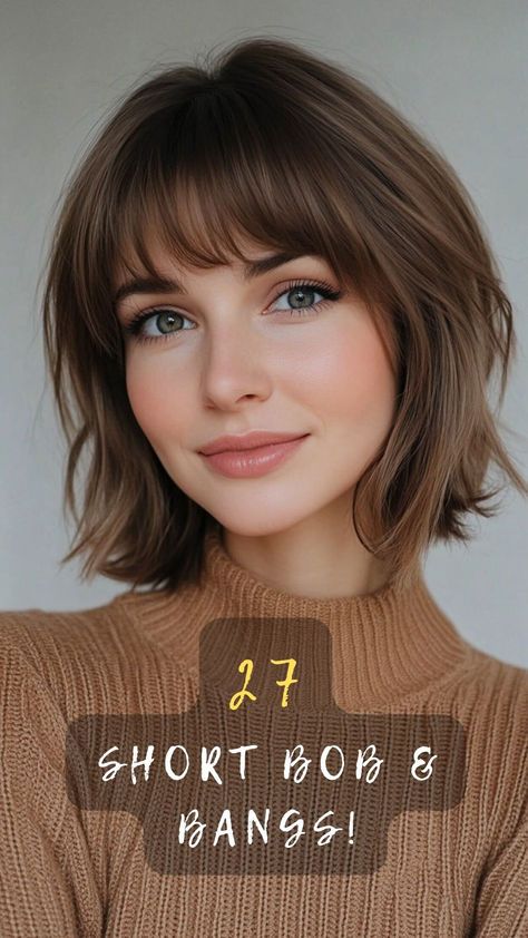 Transform your look with these 27 short bob hairstyles with bangs! Find the perfect style to frame your face and enhance your features. Click to discover how to rock a short bob with flair!✂️👩 #ShortBobWithBangs #HairstylesToLove #FaceFraming #FeatureEnhancing #RockTheLook Short Hair Fringe Bangs Round Face, Short Layered Haircuts Bangs, Face Framing Layers With Bangs Short, French Bobs With Bangs, Soft Bob With Bangs, Different Kind Of Bangs, Face Framing Bob With Bangs, Short Hairstyles With Bangs Round Face, Short Haircuts For Women With Bangs