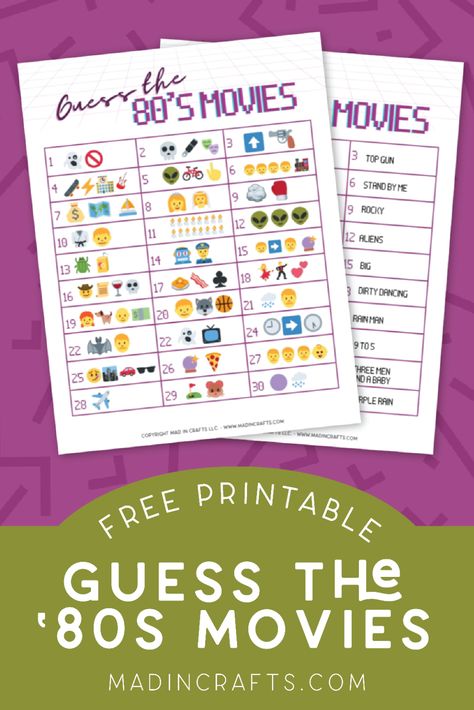 GUESS THE 80S MOVIE BY THE EMOJI - PRINTABLE GAME Crafts Mad in Crafts Decades Party, Game Crafts, 80 Games, Music Bingo, Free Bingo Cards, Bingo Template, Movie Themed Party, Music Trivia, 80s Theme Party