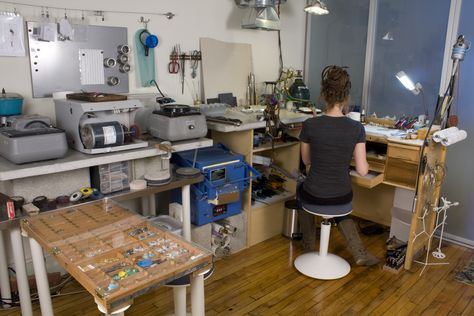 Sarah Lewis. love the hinged typesetters box with bits and drills Silversmith Studio, Jewelry Studio Space, Jewelry Studio Organization, Jewelry Making Studio, Jewelers Bench, Jewelry Bench, Design Studio Workspace, Jewellery Workshop, Studio Layout