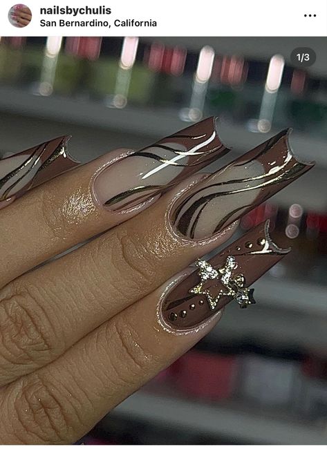 Silver And Brown Nails, Brown And Gold Nail Art, Brown Grunge Nails, Brown And Silver Nails, Gel Brown Nails, Brown French Tip, Silver Acrylic Nails, Lashes Done, Silver Nail Designs