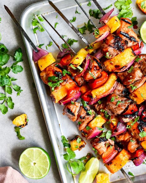 BBQ Pork Kabobs with Pineapple - UncomplicatedChef Pork Skewer Recipes, Pork Kabobs On The Grill, Kabobs With Pineapple, Cubed Pork Recipes, Pineapple Kabobs, Pork Kabobs, How To Make Bbq, Raw Pork, Pork Skewers