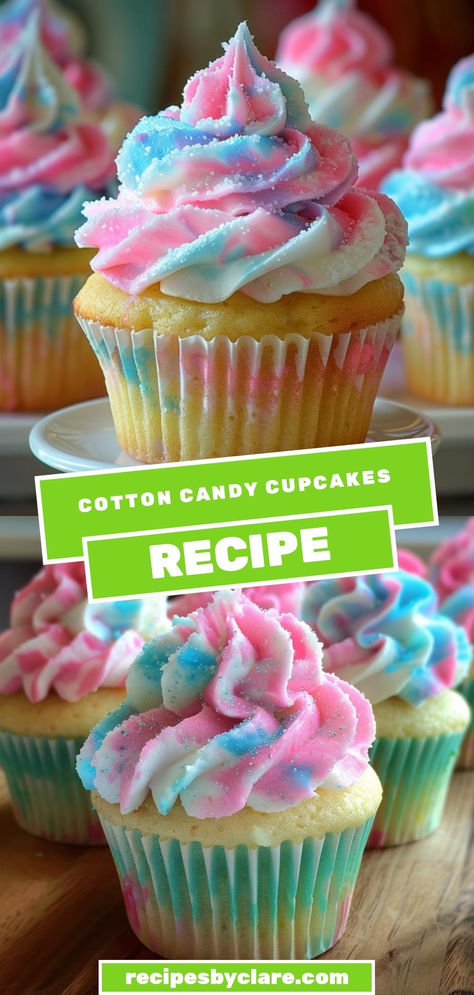 Step into a world of sugary delight with these Cotton Candy Cupcakes! Light, fluffy, and colorful, each bite is like a trip to the fair. Topped with cotton candy-flavored frosting, they’re perfect for any celebration!

Ingredients:

½ cup butter, softened
2 tsp cotton candy flavoring
Pink and blue gel food coloring
Swirl pink and blue frosting on top for a fun, whimsical dessert! Blue Recipes Food, Cotton Candy Frosting, Two Sweet Birthday Cupcakes, Cotton Candy Cupcakes Recipe, Tie Dye Icing, Summertime Cupcakes, Pink And Blue Cupcakes, Swirled Frosting, Flavored Frosting