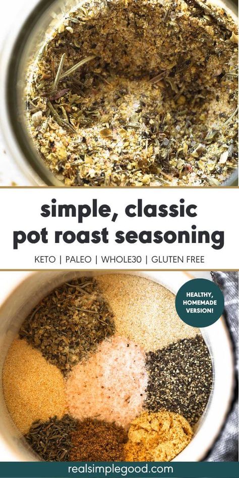 A classic pot roast seasoning you can whip up in about 2 minutes, you'll love the flavor this DIY seasoning mix brings to any pot roast! As a bonus, it's a great everyday seasoning mix you can use on just about anything from steak, fish, potatoes, eggs and more! | Real Simple Good via @realsimplegood Roast Beef Seasoning, Paleo Pot Roast, Fish Potatoes, Roast Seasoning, Pot Roast Sandwiches, Pot Roast Seasoning, Classic Pot Roast, Beef Roast, Crockpot Roast